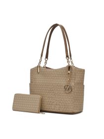 MKF Collection Savannah M Logo Printed Women Tote and Wristlet Wallet by Mia k (Material: Vegan Leather, Color: Beige)