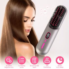 Cordless Negative Ion Hair Straightener Brush Rechargeable Mini Styling Comb with 12 Heating Levels Anti-scald 30S Preheating 30Mins Auto Sleep L (Color: Grey)