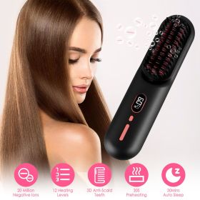 Cordless Negative Ion Hair Straightener Brush Rechargeable Mini Styling Comb with 12 Heating Levels Anti-scald 30S Preheating 30Mins Auto Sleep L (Color: Black)